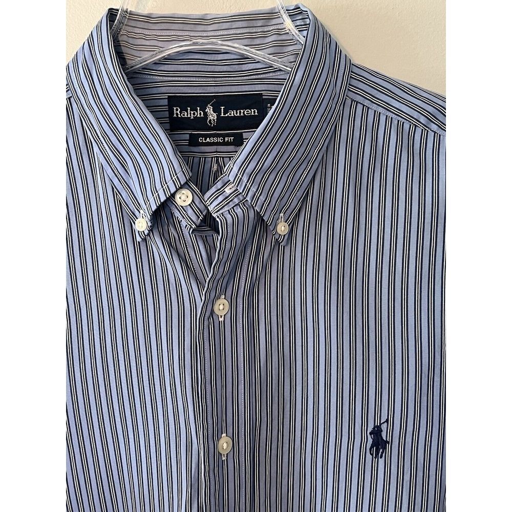 Ralph‎ Lauren Men's Size Large Blue Green Stripe Plaid Classic Fit Oxford Shirt